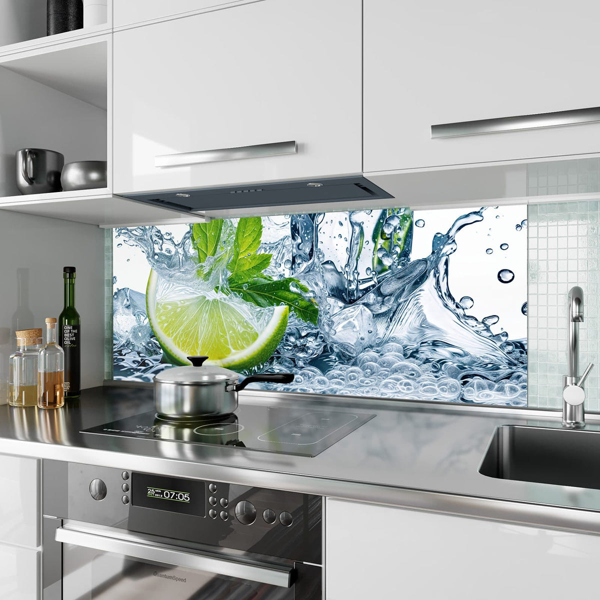 Küchenrückwand aus Glas Limette mit Minze im Hochformat als Spritzschutz hinter dem Kochfeld, über dem Fliesenspiegel montiert