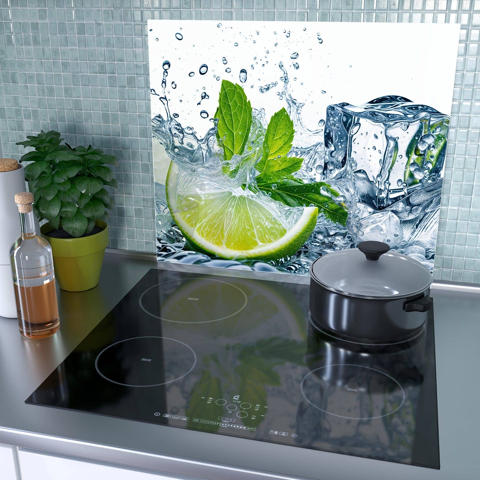 1-teilige Herdabdeckplatte mit Limettenspritzer-Motiv als Spritzschutz hinter dem Kochfeld