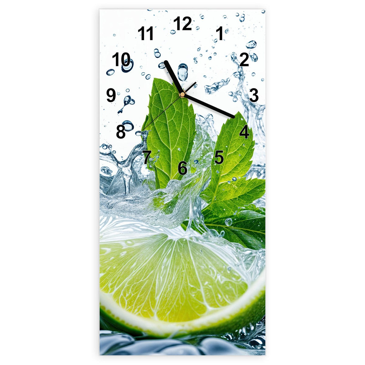 Wanduhr aus Glas, Ziffernblatt Modern mit Motiv Limette mit Minze: Limettenschnitz mit Minzblättern und Eiswürfeln im aufspritzenden Wasser