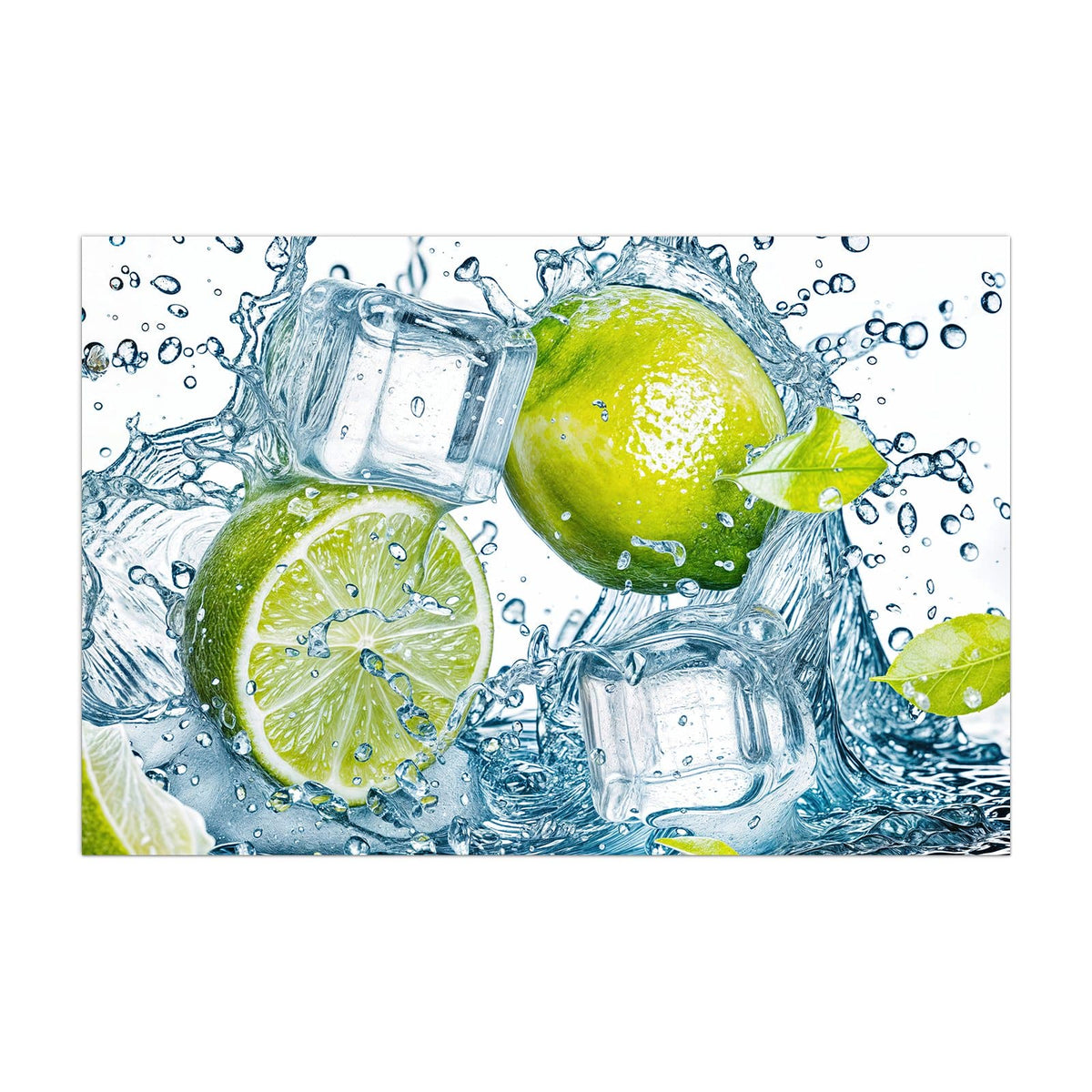 Küchenrückwand aus Glas Limetten mit Eis im Hochformat, Motiv bildfüllend von vorn