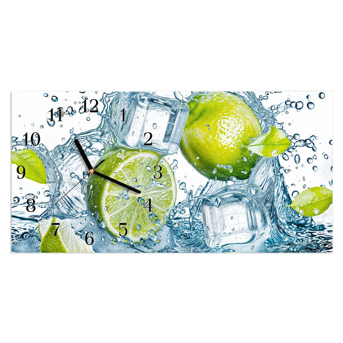 Wanduhr Spritzende Limetten aus Glas – Querformat 60 × 30 cm mit Ziffernblatt Klassisch