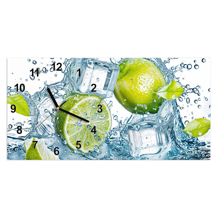 Wanduhr Spritzende Limetten aus Glas – Querformat 60 × 30 cm mit Ziffernblatt Modern