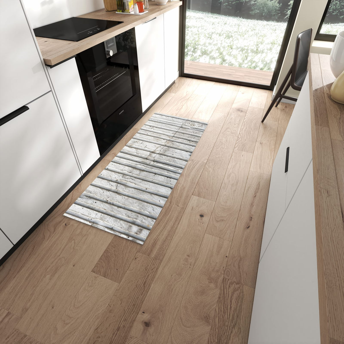 Waschbarer großer Küchenteppich mit Motiv Betonstruktur in moderner Küche #grösse_60 x 150 cm