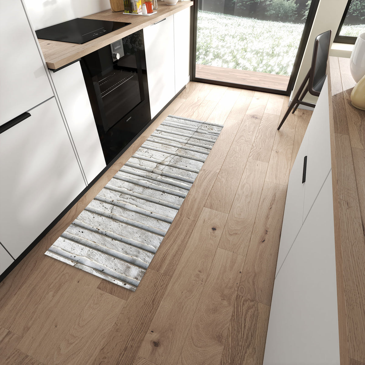 Langlebiger rutschfester Küchenteppich mit Motiv Betonstruktur in moderner Küche