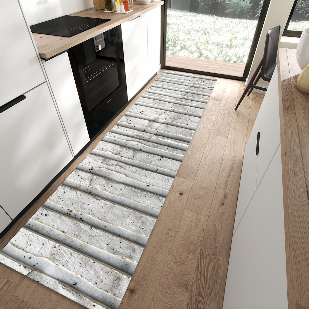 Waschbarer Küchenläufer mit Motiv Betonstruktur in moderner Küche für sicheres Aufbewahren
