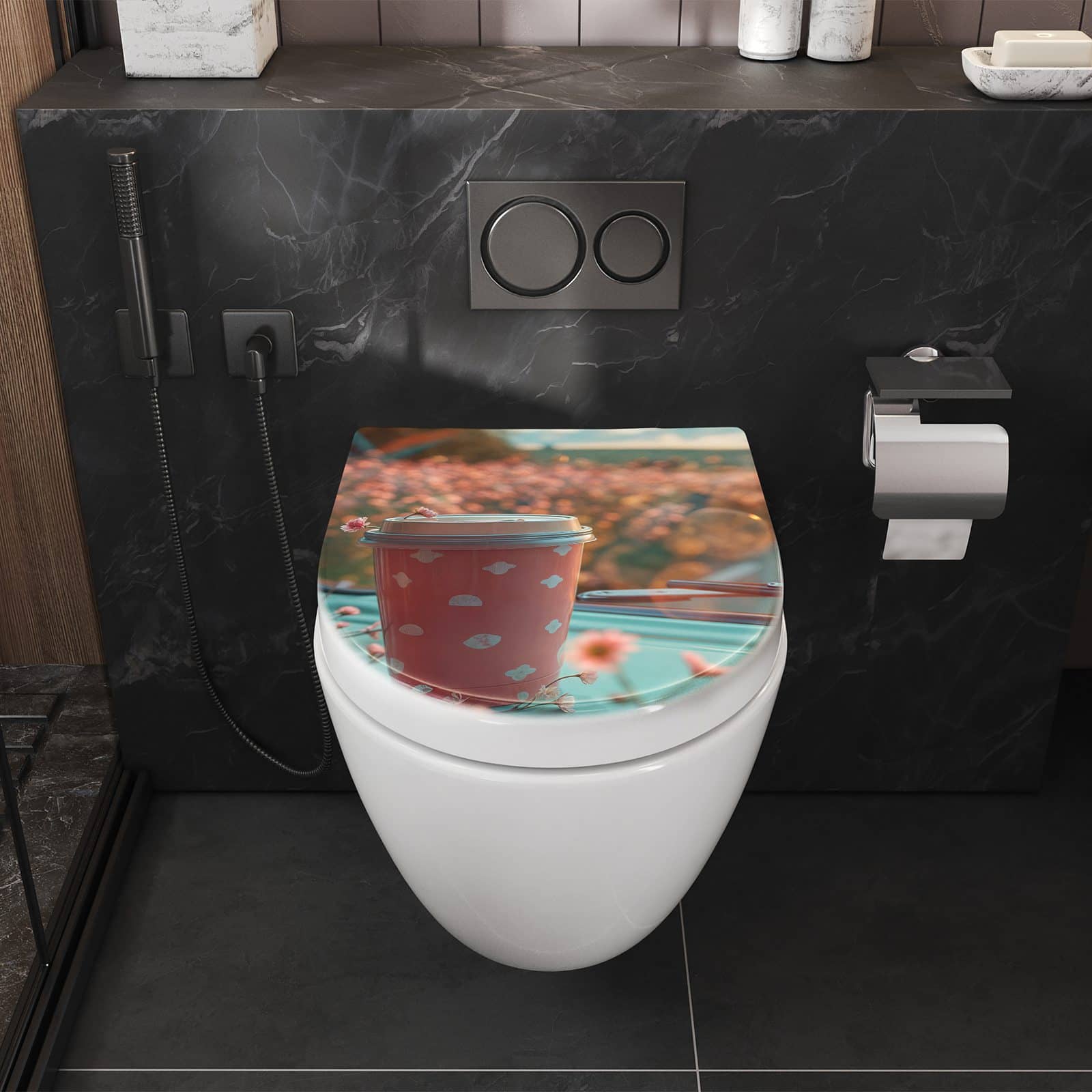 WC-Sitz mit Absenkautomatik Kaffeebecher im Bus