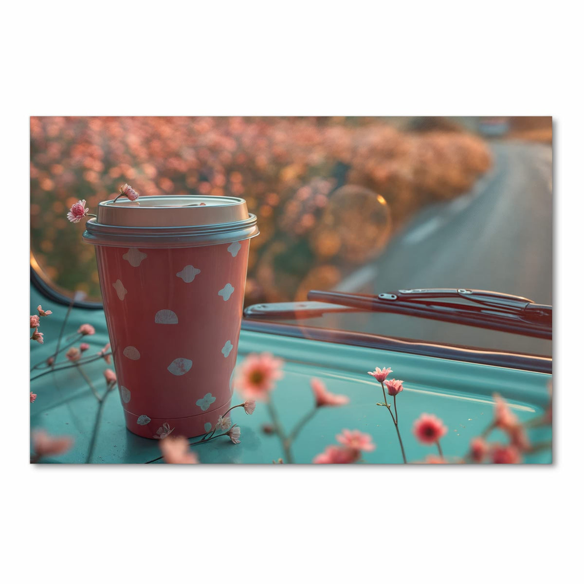 Flacher rutschfester Küchenläufer mit Motiv Kaffeebecher im Bus in Frontansicht