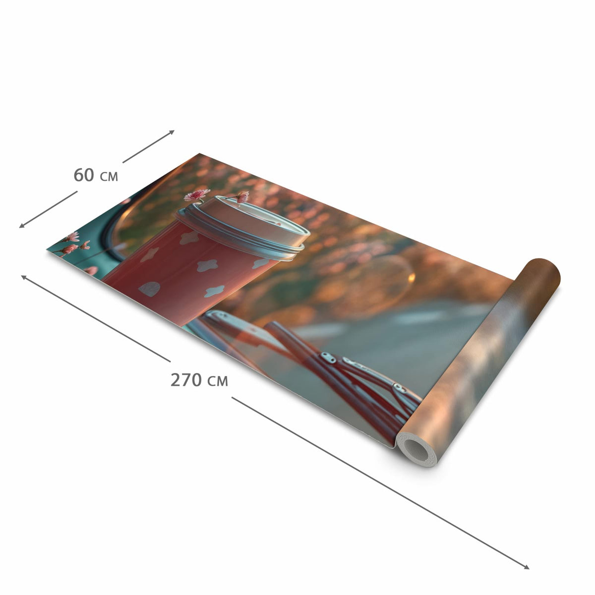 Geräuschdämpfender Küchenteppich mit Motiv Kaffeebecher im Bus in der Größe 60x270 cm