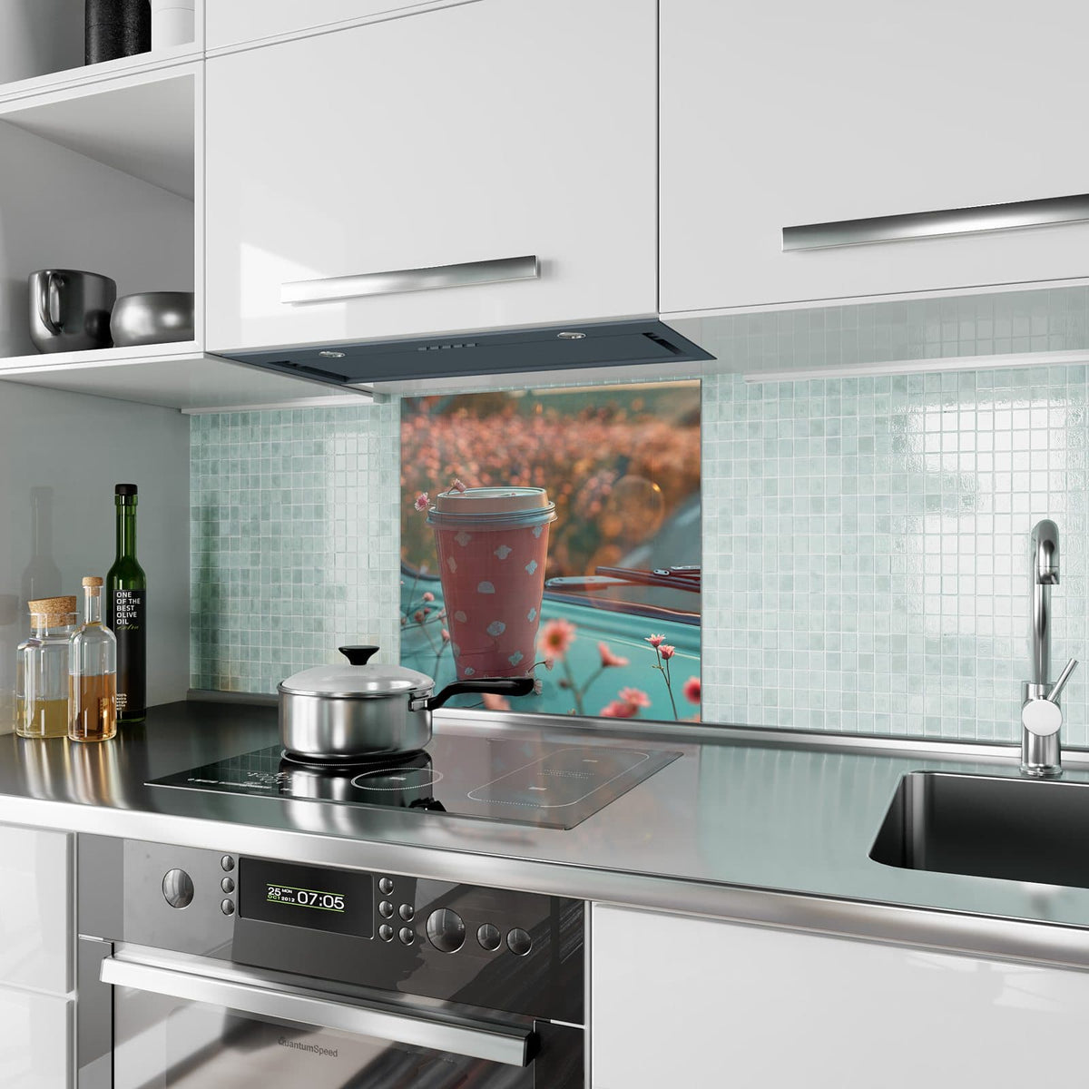 Küchenrückwand aus Glas Rosa Kaffeebecher im quadratischen Format als Spritzschutz hinter dem Kochfeld, über dem Fliesenspiegel montiert