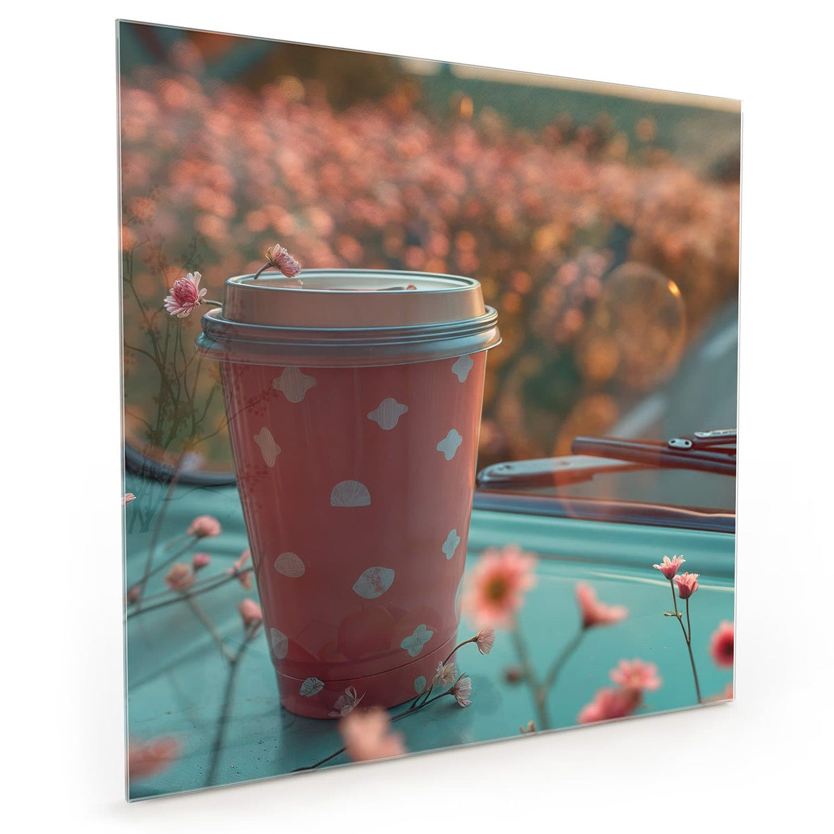 Küchenrückwand aus Glas im quadratischen Format: Rosa To-go-Kaffeebecher mit Deckel auf türkiser Motorhaube, rosa Blüten und Bokeh im Abendlicht #grösse_40 x 40 cm #grösse_50 x 50 cm #grösse_60 x 60 cm