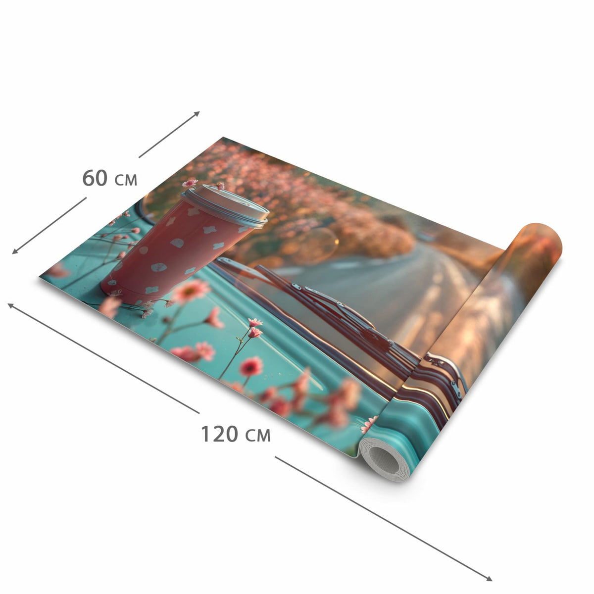 Farbbeständiger Teppich für Küche mit Motiv Kaffeebecher im Bus in der Grösse 60x270 cm
