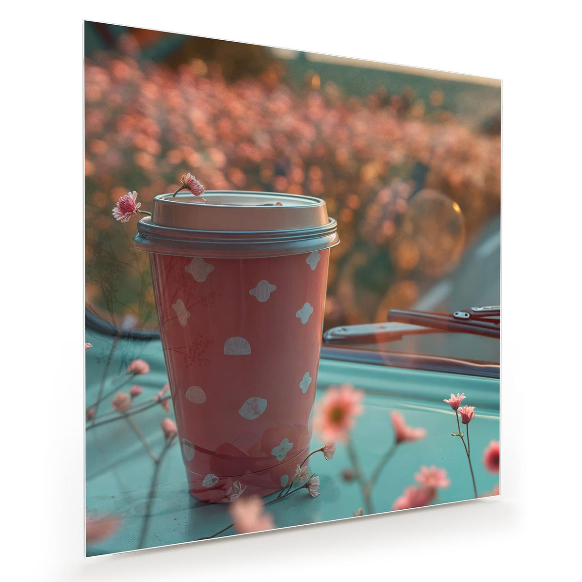 Rosa To-go-Kaffeebecher mit Deckel auf türkiser Motorhaube, rosa Blüten und Bokeh im Abendlicht