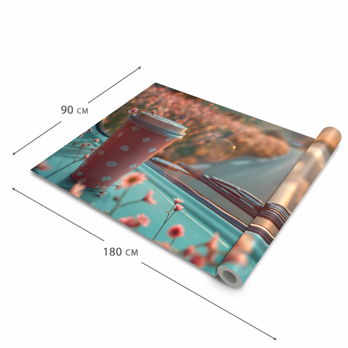 Geruchsneutraler waschbarer Teppich Küche mit Motiv Kaffeebecher im Bus in der Grösse 60x270 cm