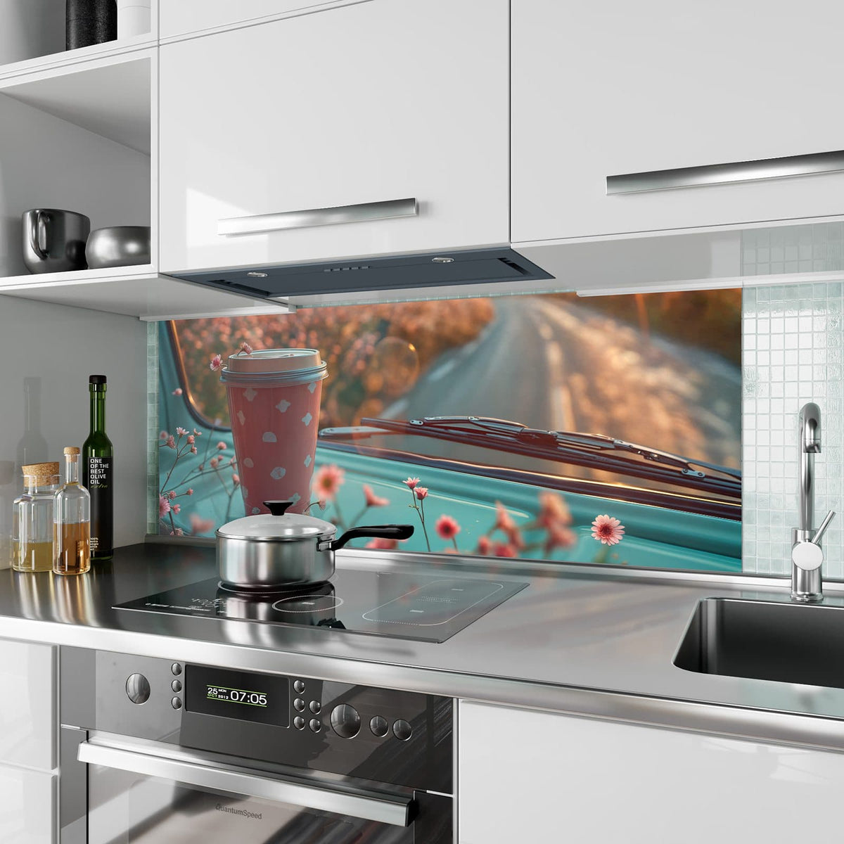 Küchenrückwand aus Glas Rosa Kaffeebecher im Hochformat als Spritzschutz hinter dem Kochfeld, über dem Fliesenspiegel montiert