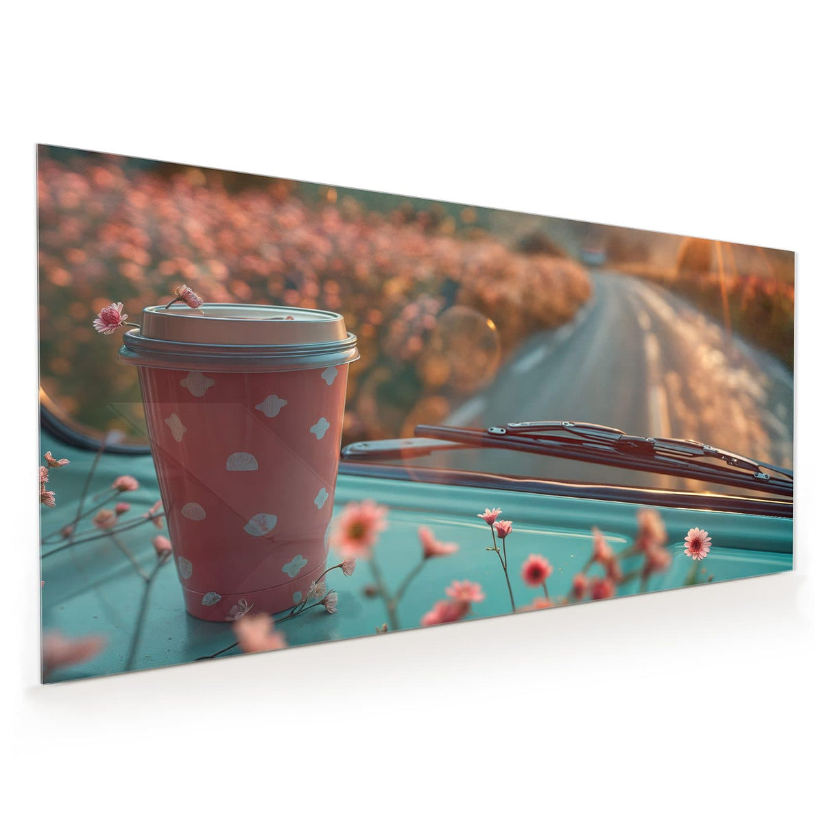 Küchenrückwand aus Glas im Hochformat: Rosa To-go-Kaffeebecher mit Deckel auf türkiser Motorhaube, rosa Blüten und Bokeh im Abendlicht