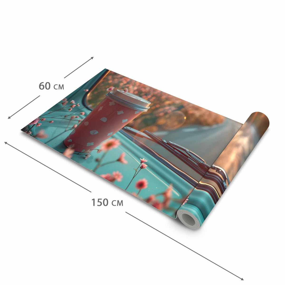 Formstabiler Küchenteppich mit Motiv Kaffeebecher im Bus in der Grösse 60x270 cm