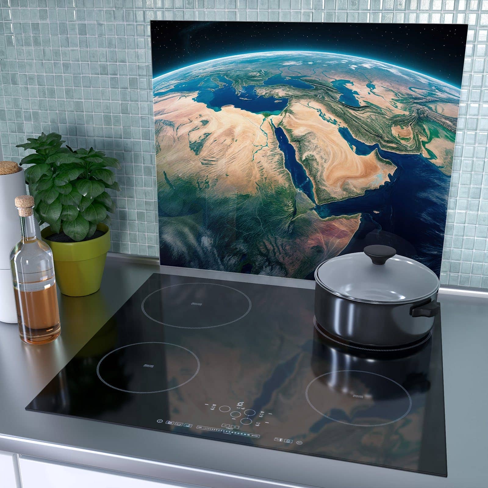 1-teilige Glasplatte für Herd mit Erde aus dem All-Motiv als Spritzschutz hinter dem Kochfeld