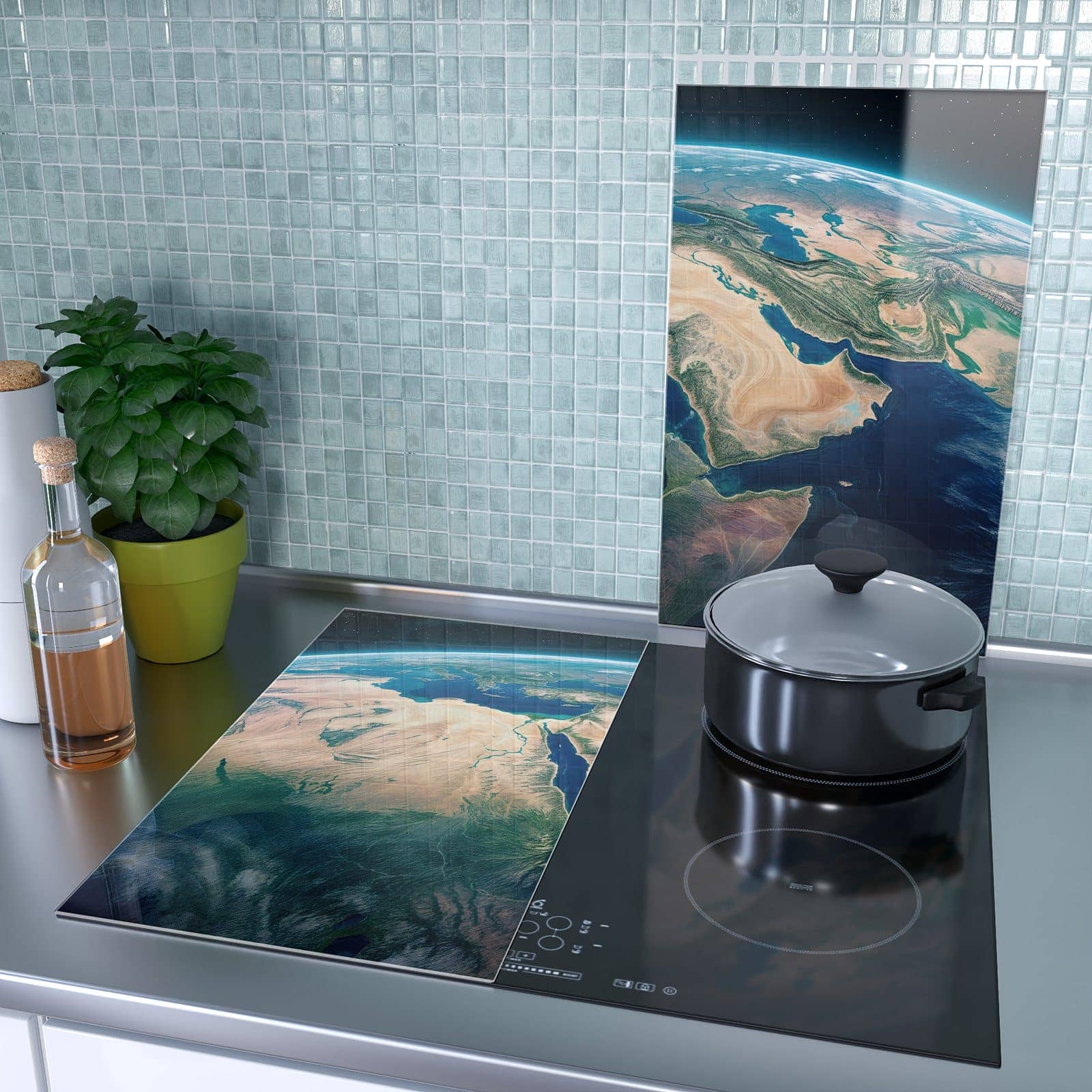 2-teilige Abdeckplatten für Herd mit Erde aus dem All-Motiv als Spritzschutz hinter dem Kochfeld