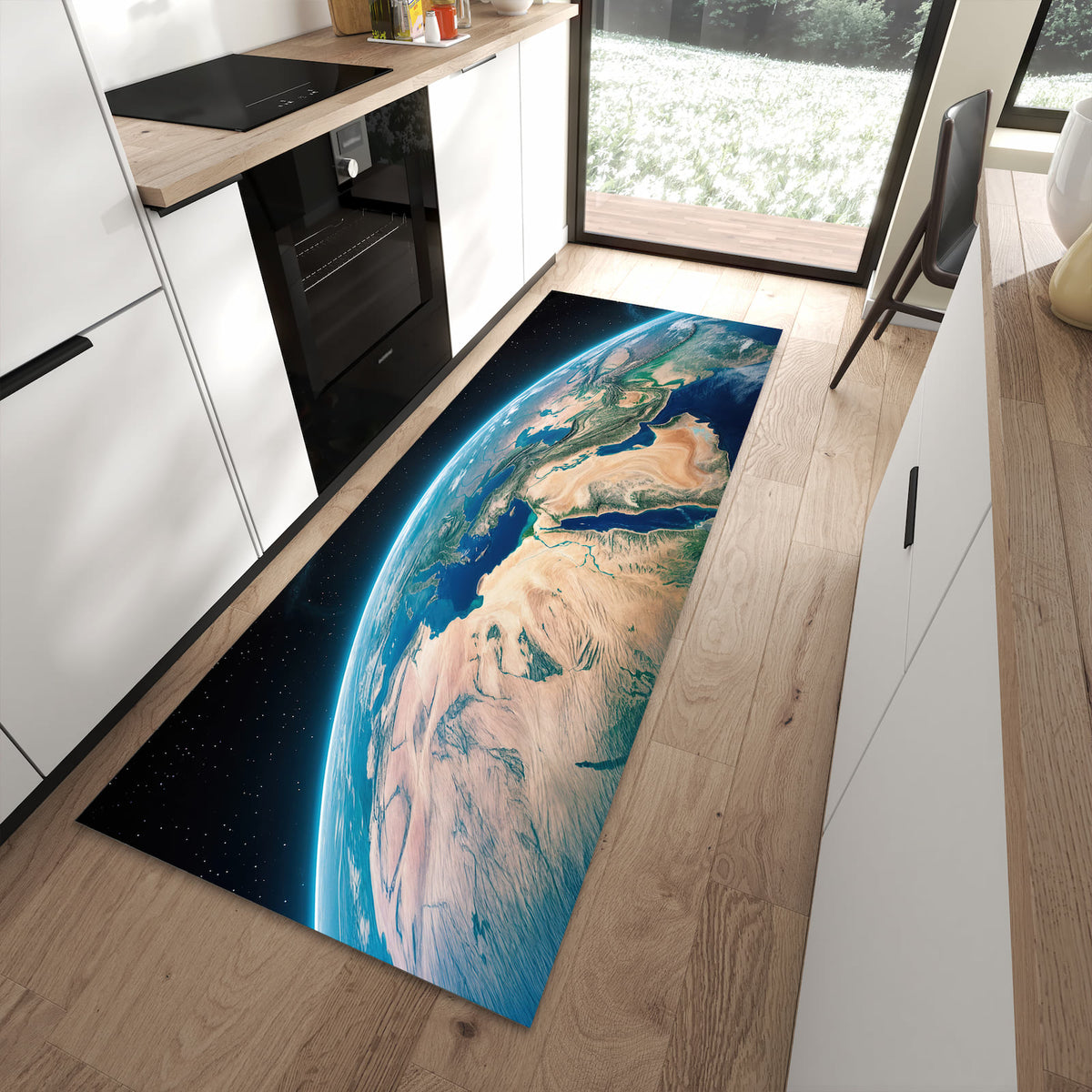 UV-beständiger dünner Teppich mit Motiv Erde aus dem All in moderner Küche