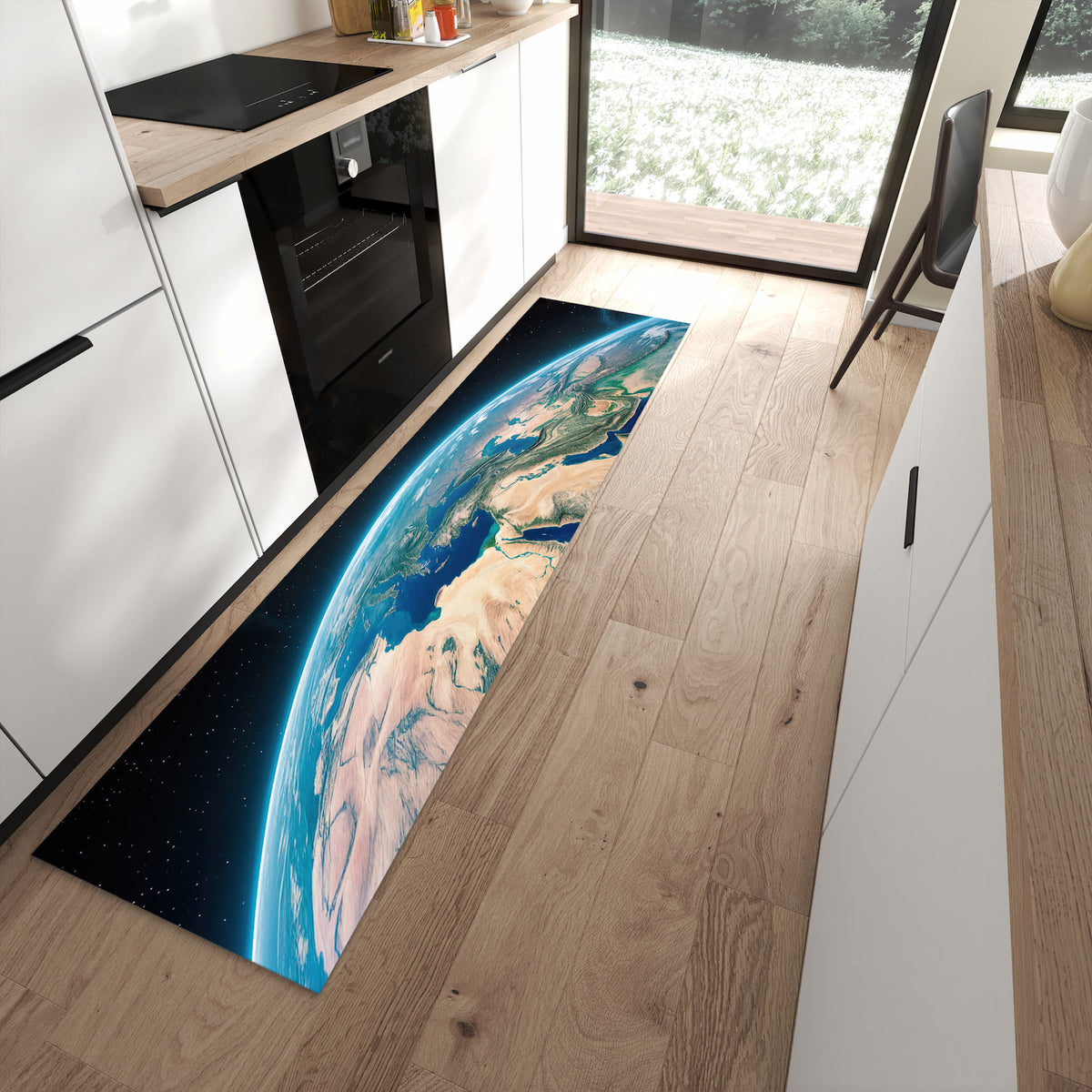 Bodenschonender Küchenteppich mit Motiv Erde aus dem All in moderner Küche