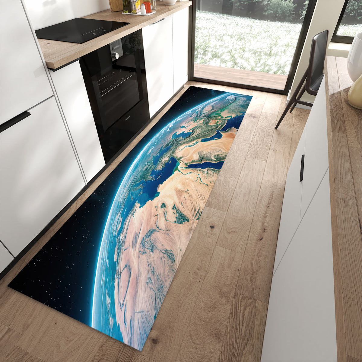 Zeitsparender langer Teppich mit Motiv Erde aus dem All in moderner Küche
