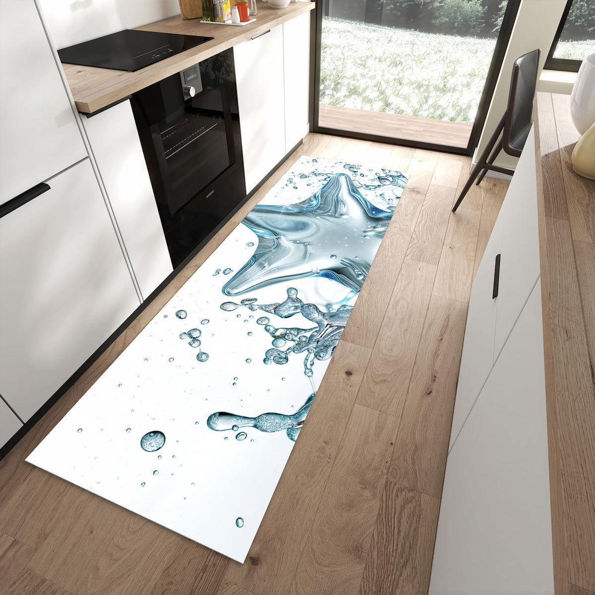 Hygienischer rutschfester Küchenteppich mit Motiv Sternspritzer in moderner Küche