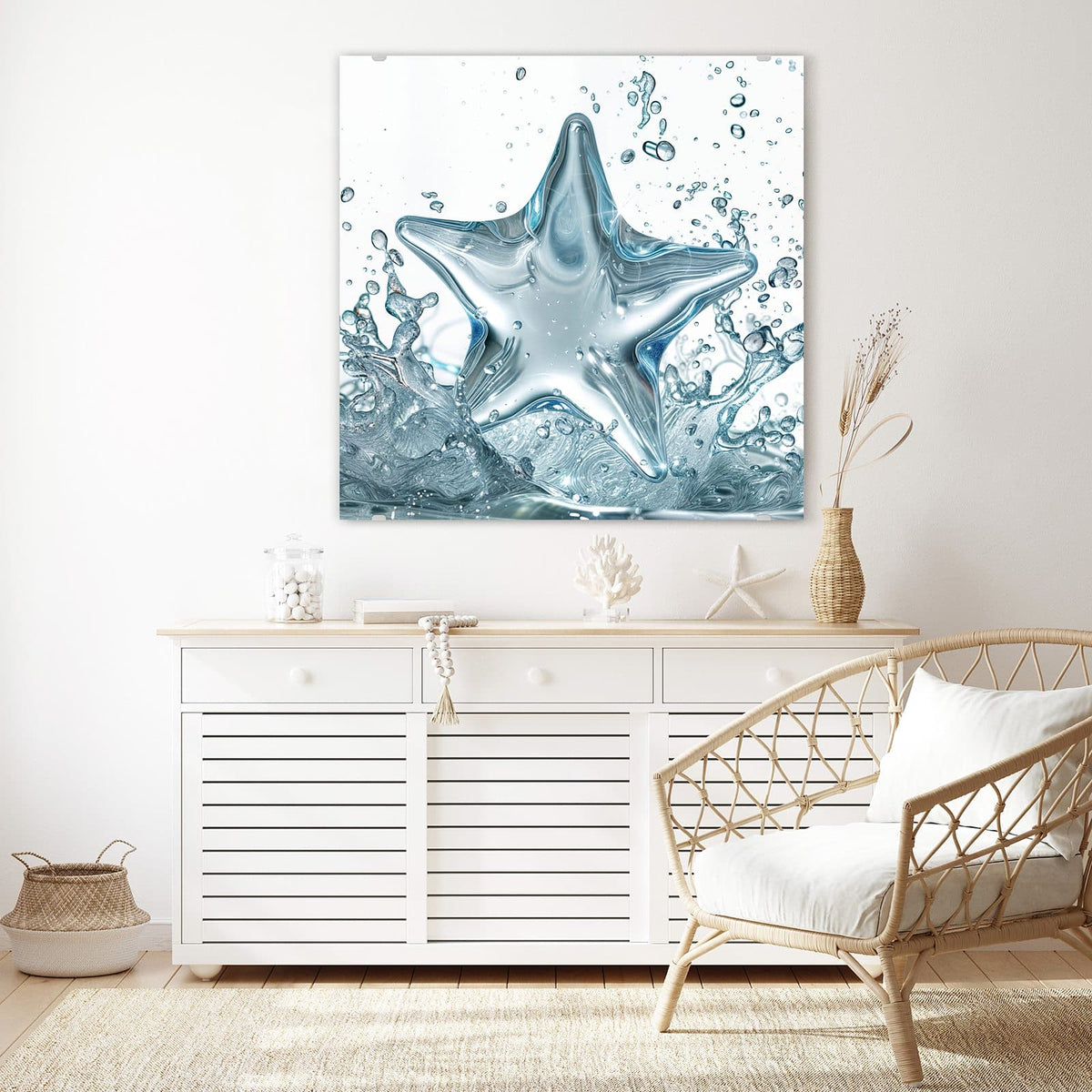 Glasbild Stern aus Wasser an der Wand – Stern aus glasklarem Wasser, der aus einer aufspritzenden Wasseroberfläche aufsteigt