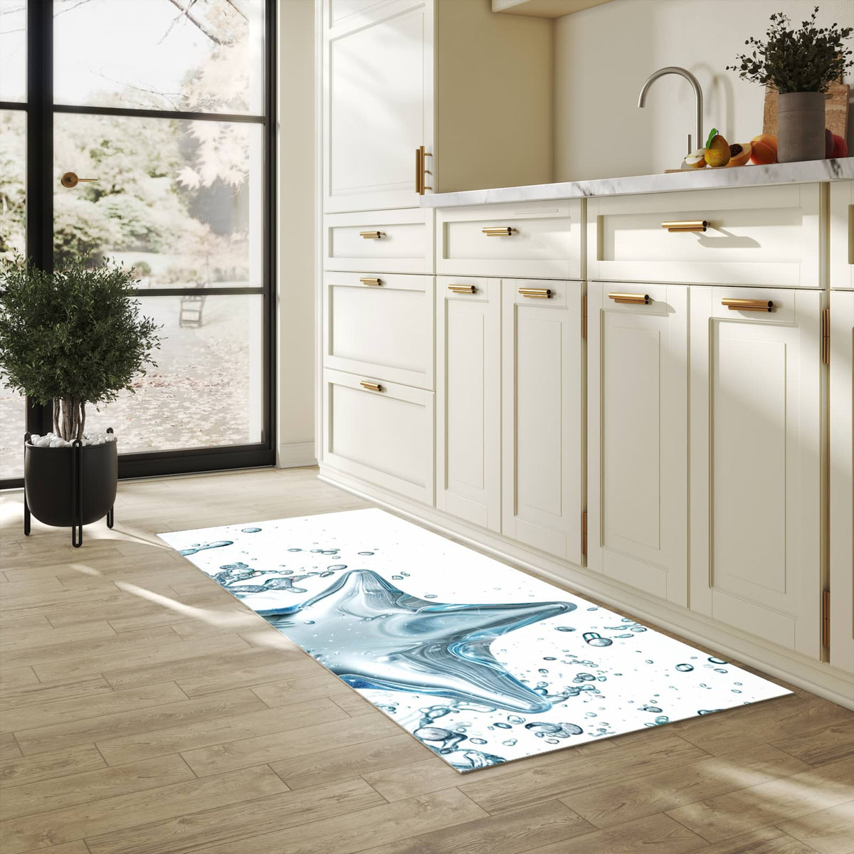 Fleckenresistenter Küchenläufer mit Motiv Sternspritzer in heller Küche