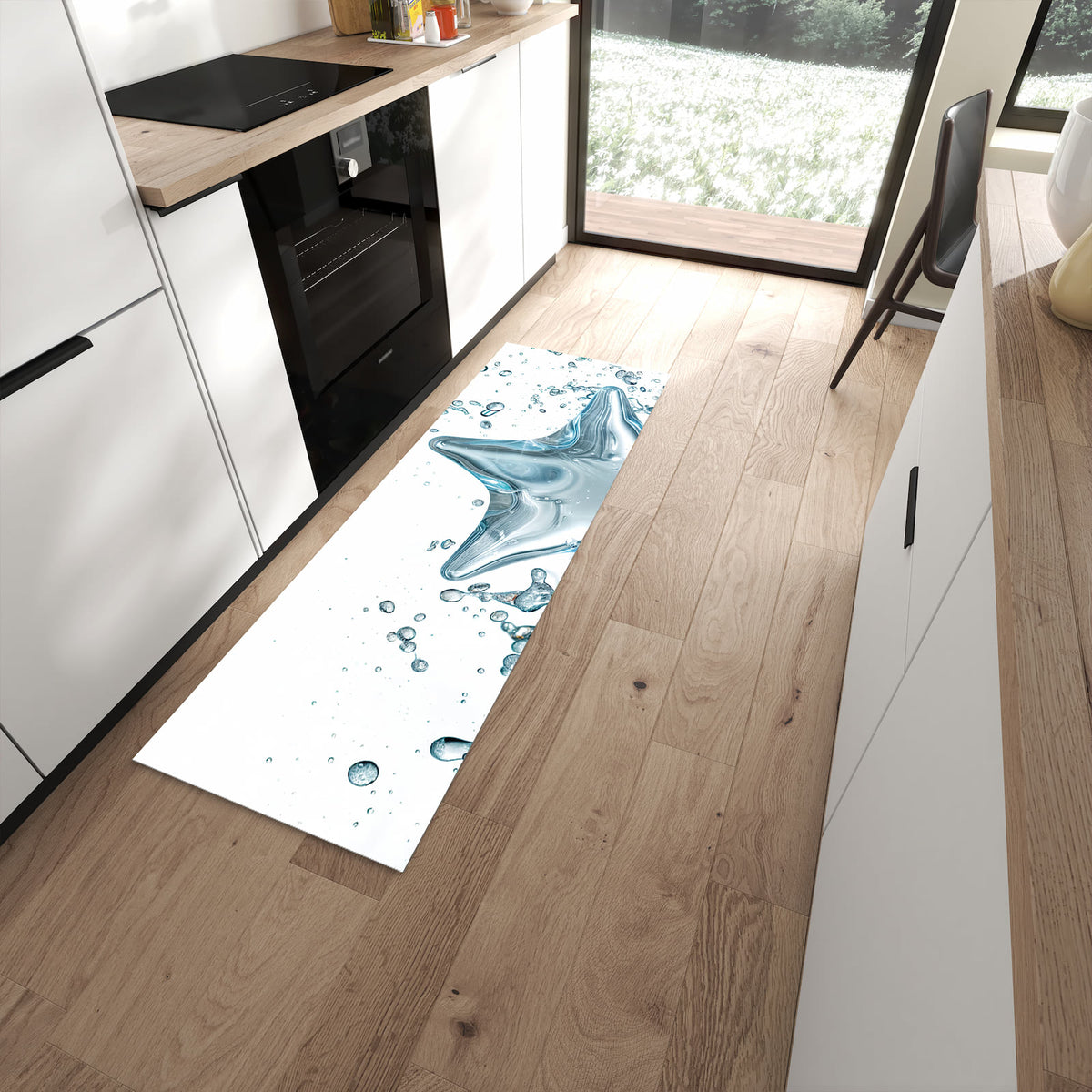 Geruchsneutraler Teppich in Küche mit Motiv Sternspritzer in moderner Küche