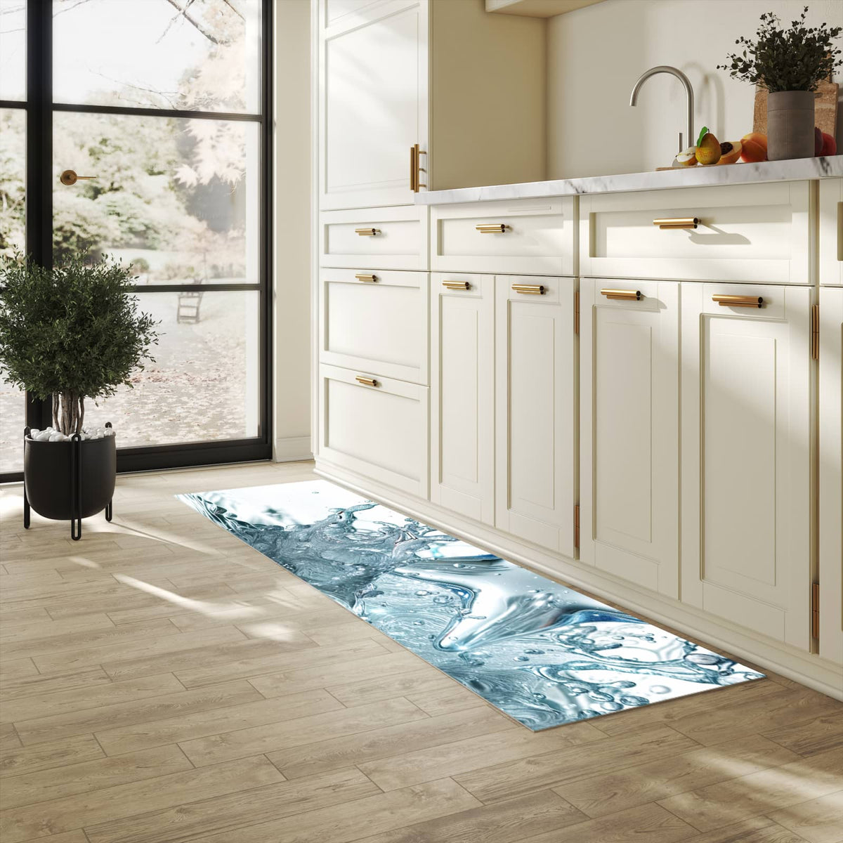 Abriebfester großer Küchenteppich mit Motiv Sternspritzer in heller Küche
