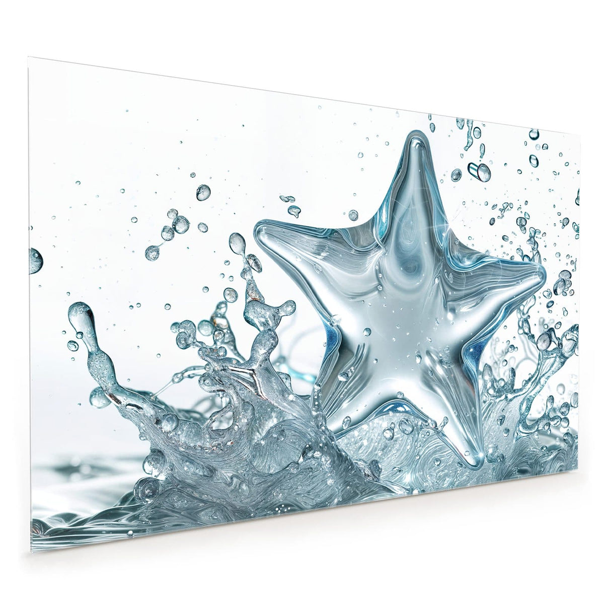 Küchenrückwand aus Glas im Hochformat: Stern aus glasklarem Wasser, der aus einer aufspritzenden Wasseroberfläche aufsteigt