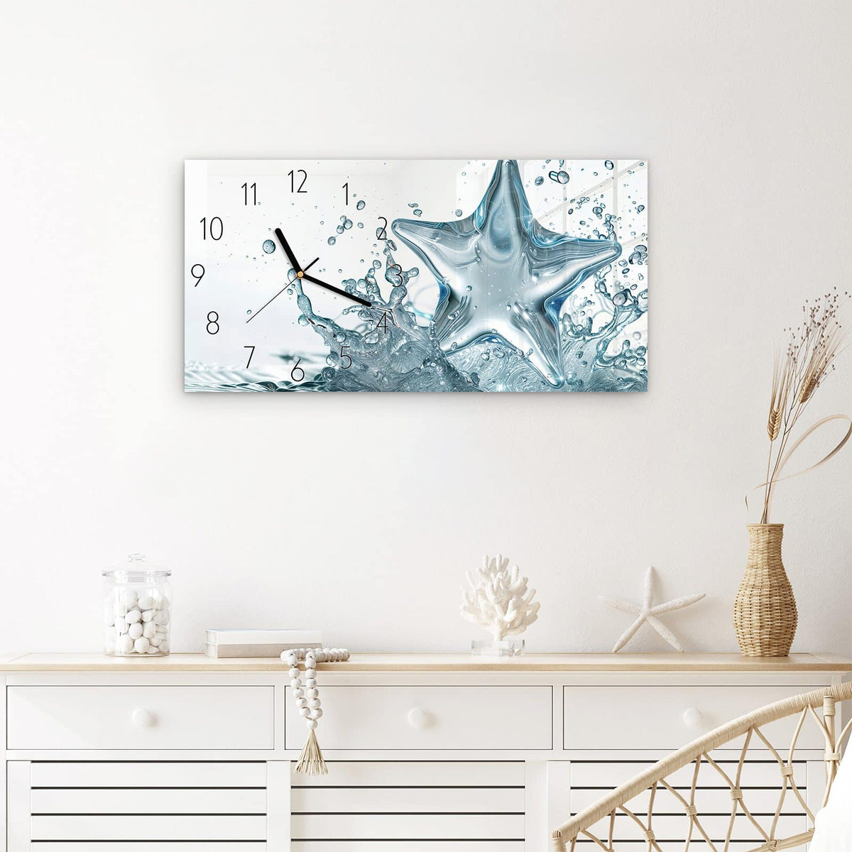 Wanduhr Sternspritzer aus Glas – Querformat 60 × 30 cm – Gläserner Stern taucht ins Wasser