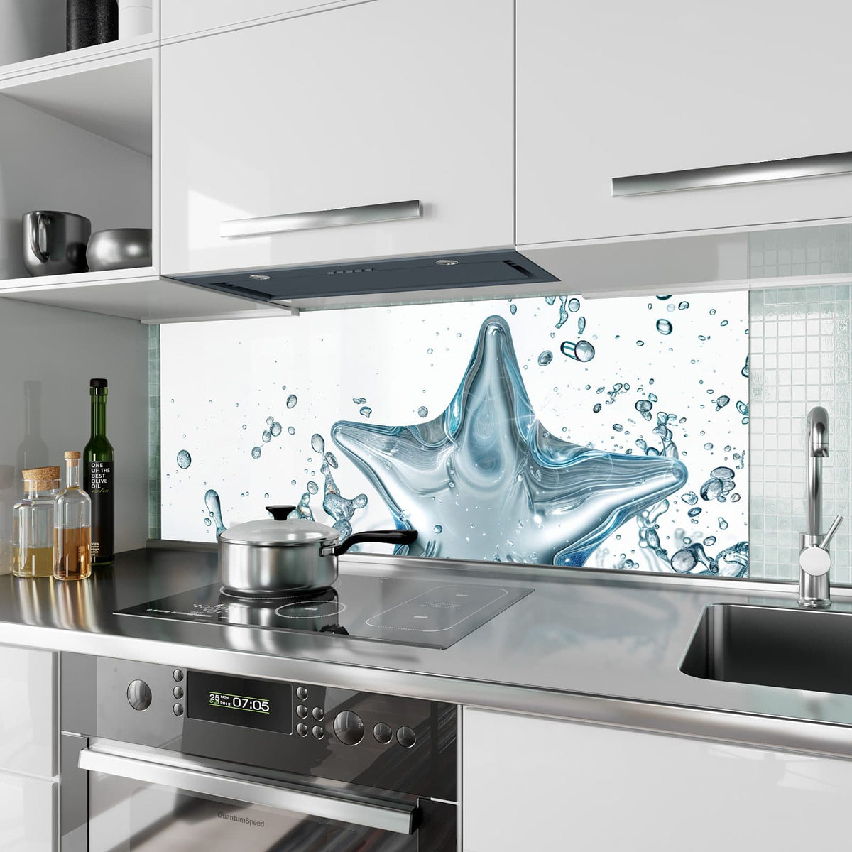Küchenrückwand aus Glas Stern aus Wasser im Hochformat als Spritzschutz hinter dem Kochfeld, über dem Fliesenspiegel montiert