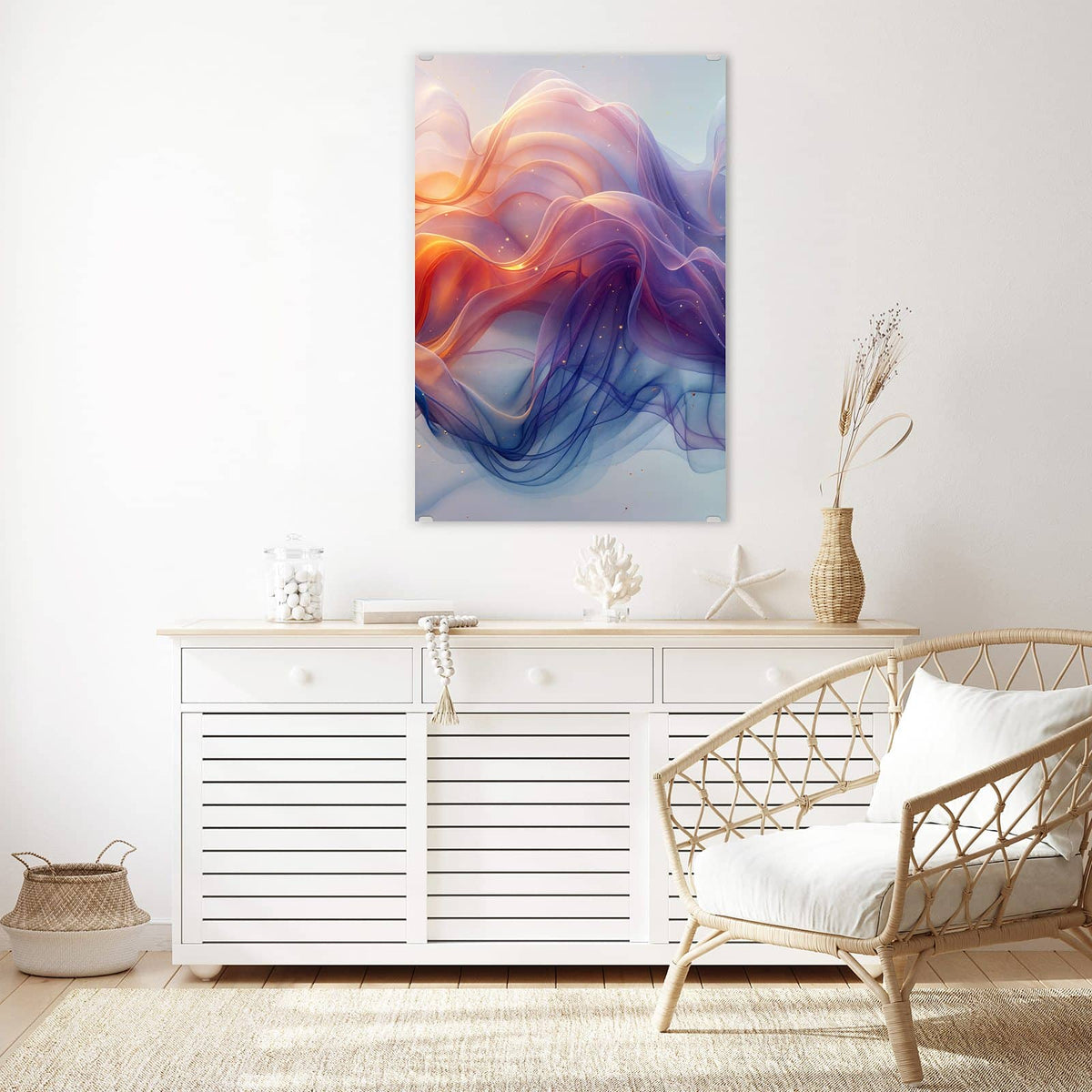 Glasbild Seidenbänder in Orange an der Wand – transparente, geschwungene Bänder in Orange, Violett und Blau mit Goldpunkten