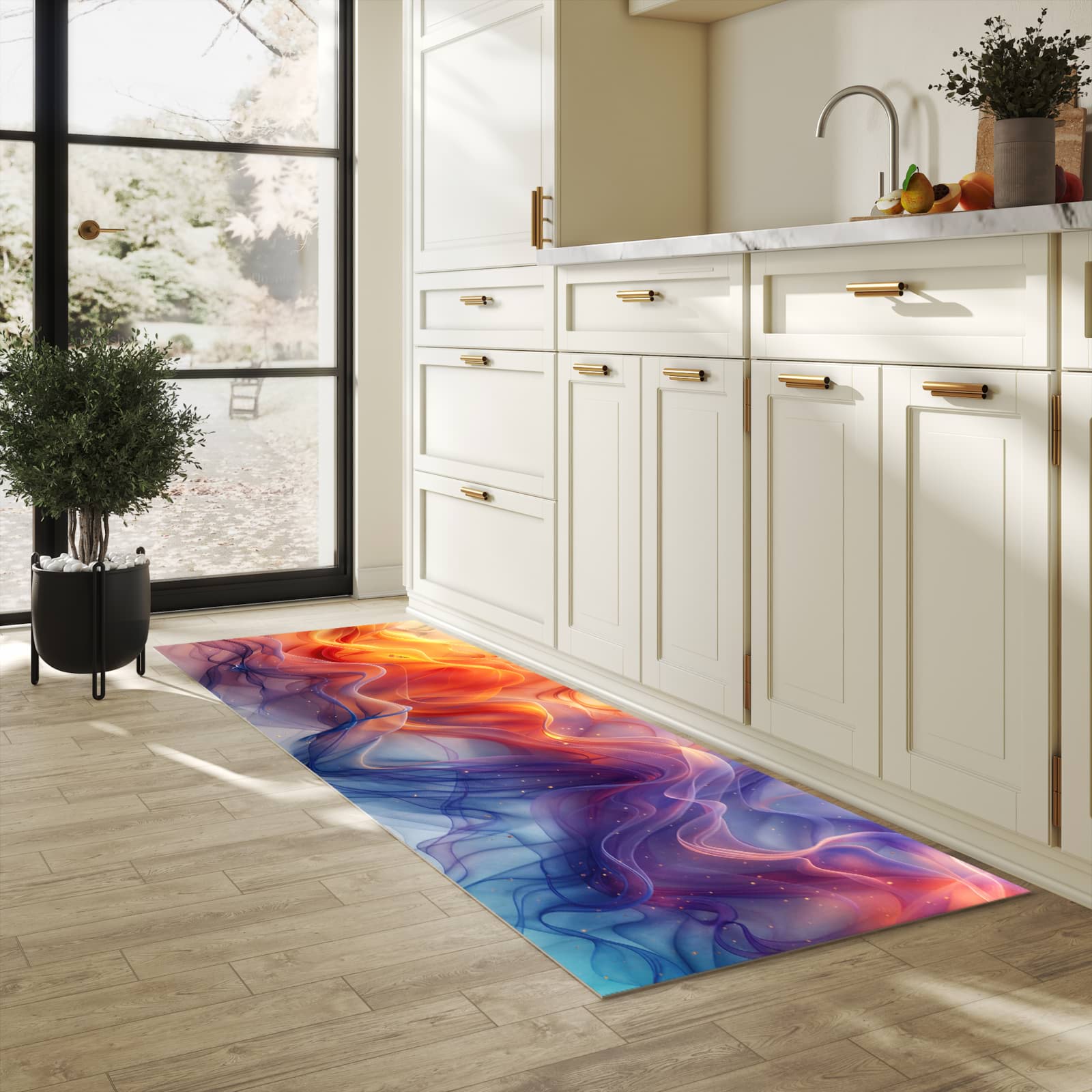 Bodenschonender Bodenläufer-Teppich mit Motiv Farbwirbel in heller Küche