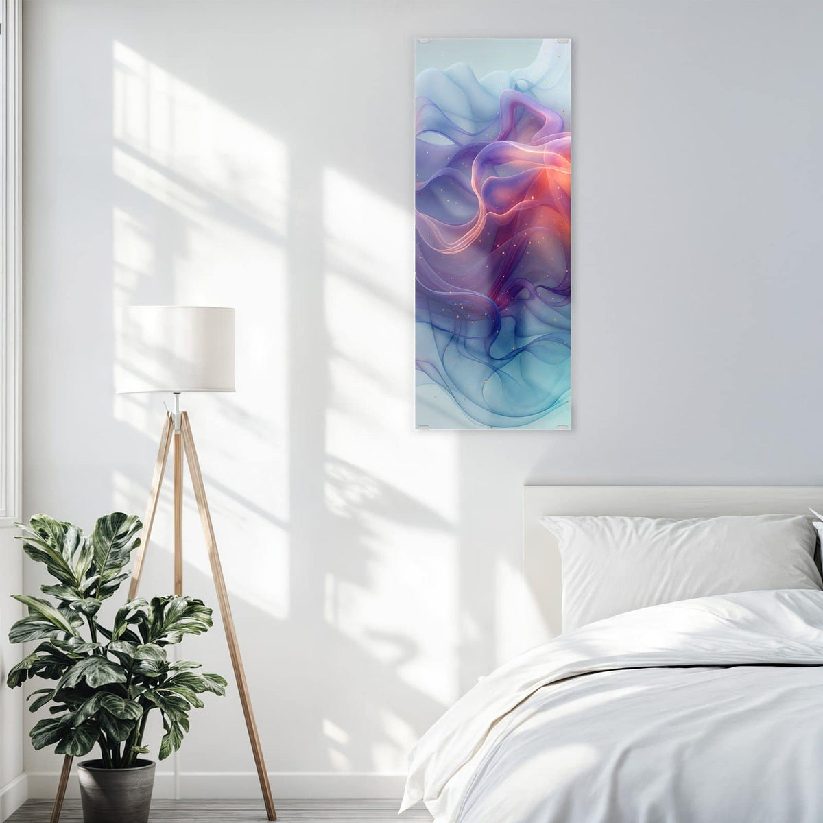 Glasbild Seidenbänder in Orange an der Wand – transparente, geschwungene Bänder in Orange, Violett und Blau mit Goldpunkten