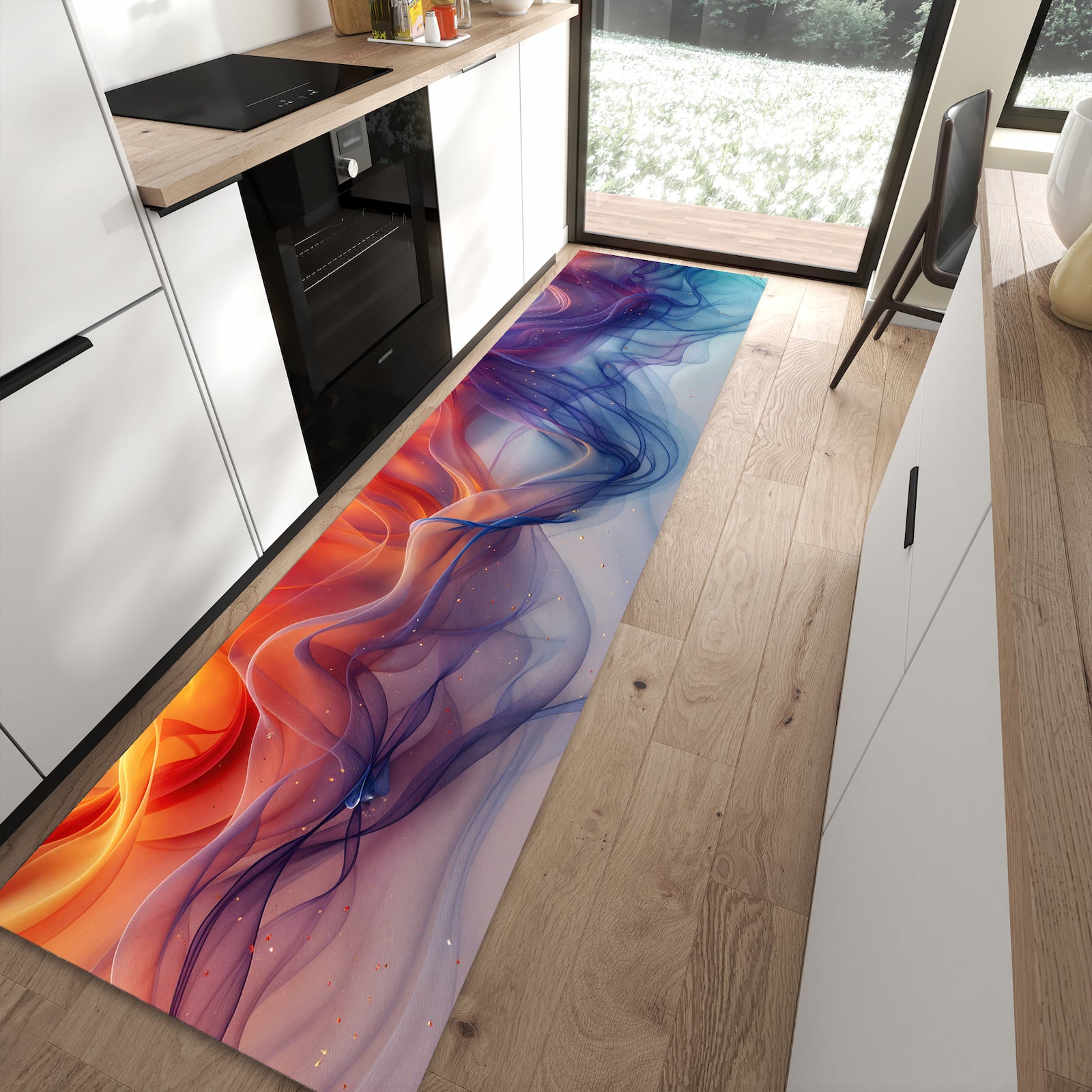 UV-beständiger Teppich für Küche mit Motiv Farbwirbel in moderner Küche
