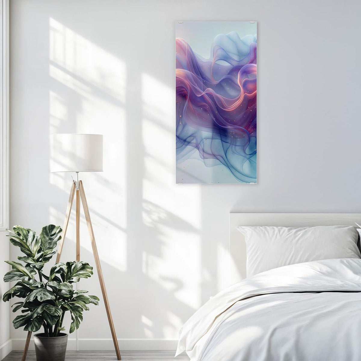 Glasbild Seidenbänder in Orange an der Wand – transparente, geschwungene Bänder in Orange, Violett und Blau mit Goldpunkten