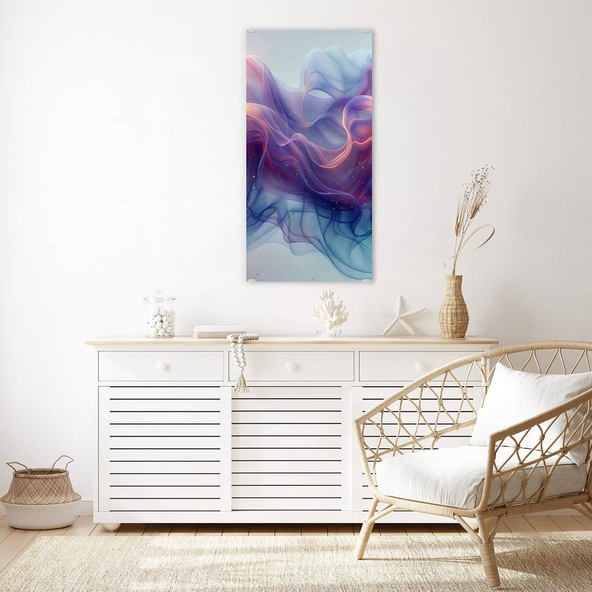 Glasbild Seidenbänder in Orange an der Wand – transparente, geschwungene Bänder in Orange, Violett und Blau mit Goldpunkten