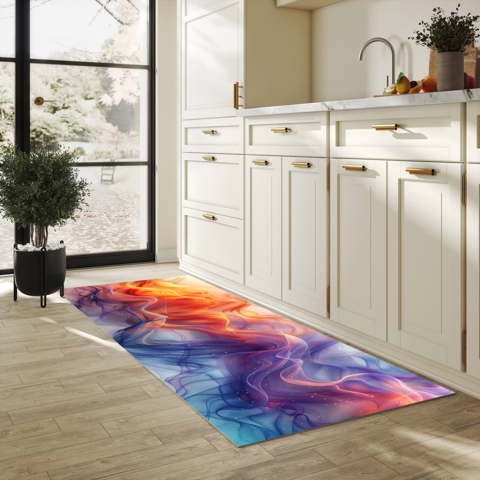 Formstabiler rutschfester Küchenteppich mit Motiv Farbwirbel in heller Küche