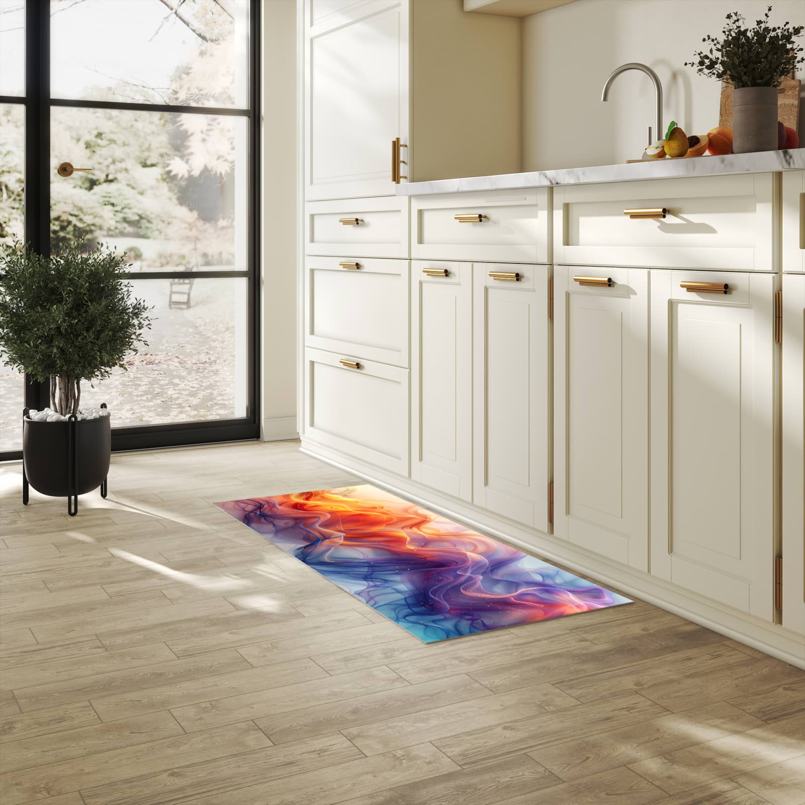Dünner Küchenteppich mit Motiv Farbwirbel in heller Küche für angenehme Haptik