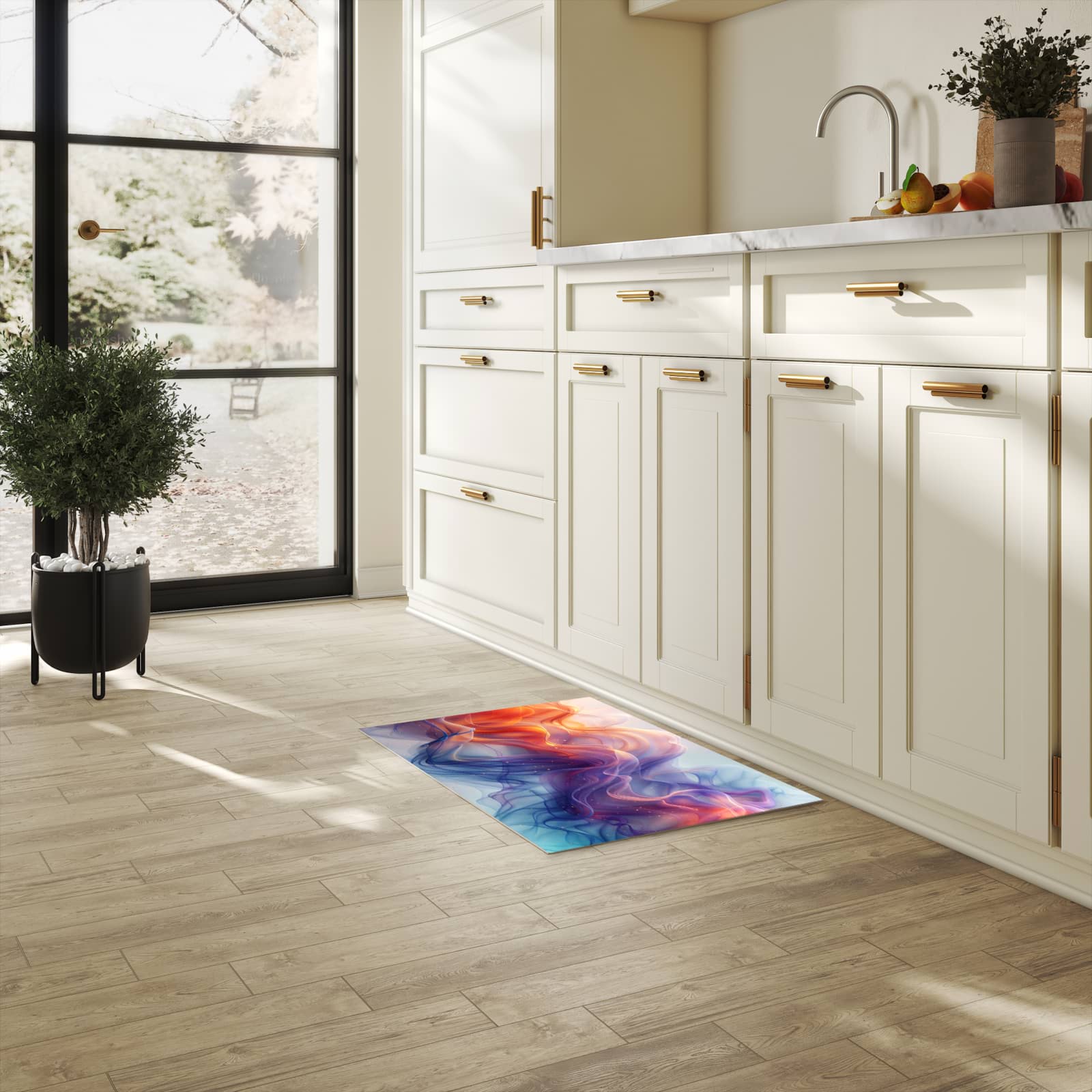 Rutschfester Küchenteppich mit Motiv Farbwirbel in heller Küche
