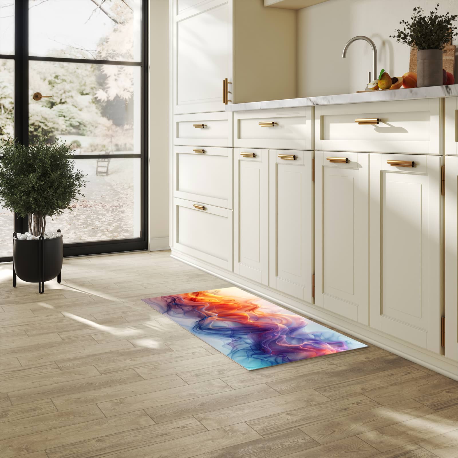 Pflegeleichter Läufer mit Motiv Farbwirbel in heller Küche für einfache Reinigung
