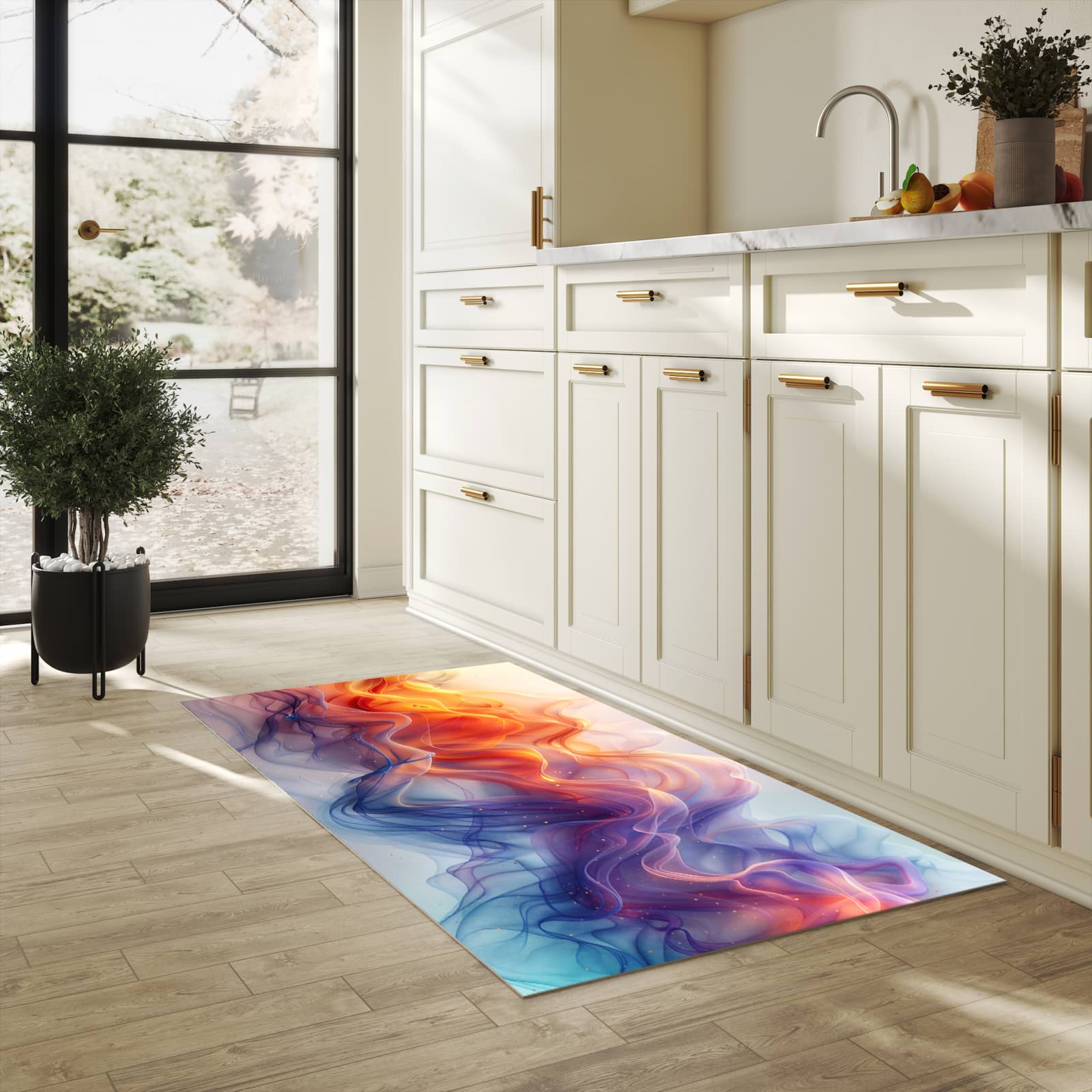Farbbeständiger Küchenteppich mit Motiv Farbwirbel in heller Küche