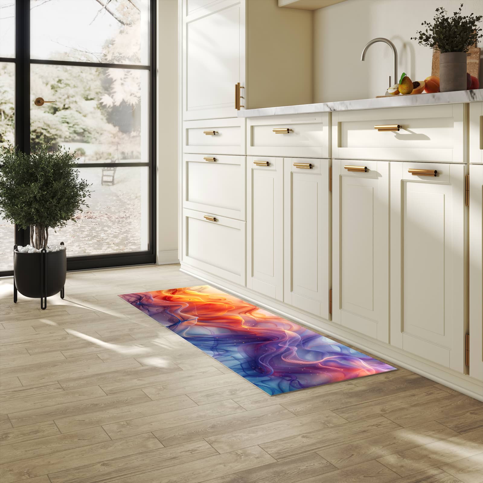 Hygienischer rutschfester Küchenteppich mit Motiv Farbwirbel in heller Küche