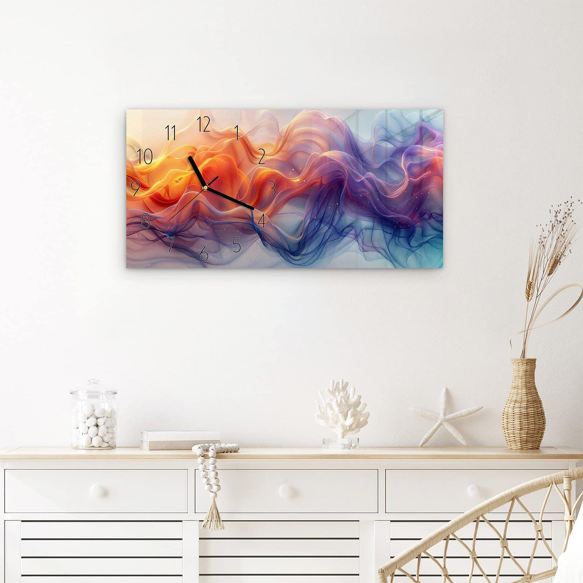 Wanduhr Farbwirbel aus Glas – Querformat 60 × 30 cm – Transparente Farbbänder in Orange und Blau