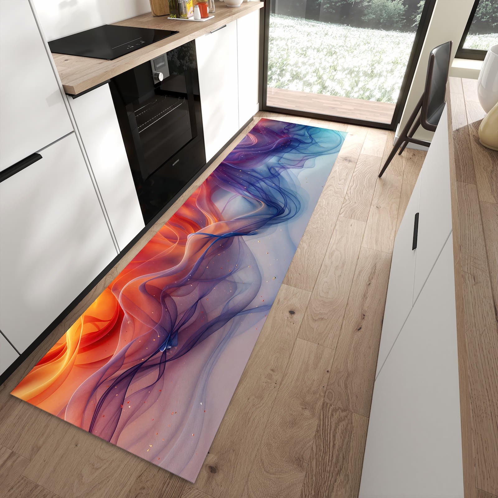 Abriebfester Küchenteppich mit Motiv Farbwirbel in moderner Küche