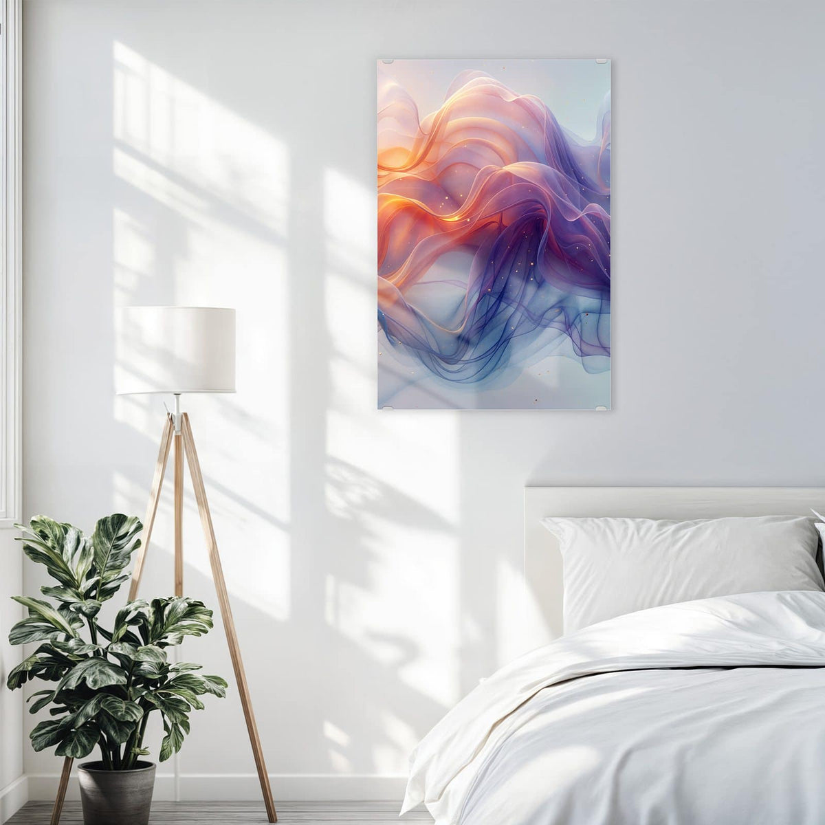 Glasbild Seidenbänder in Orange an der Wand – transparente, geschwungene Bänder in Orange, Violett und Blau mit Goldpunkten