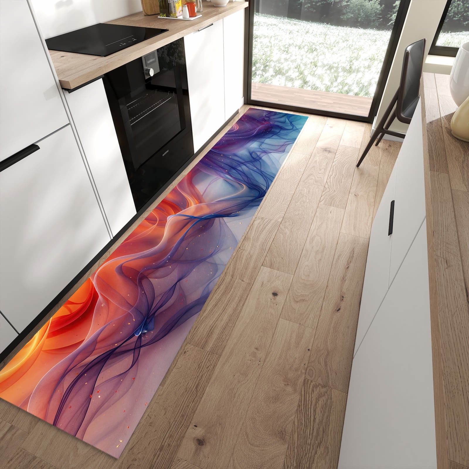 Formstabiler Küchenläufer mit Motiv Farbwirbel in moderner Küche