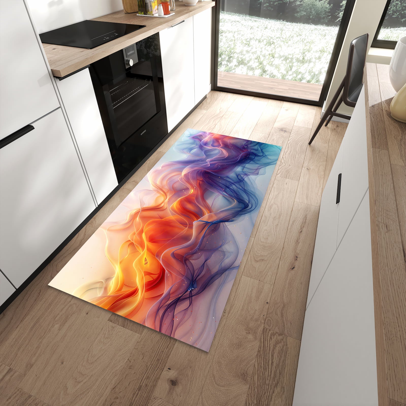 Komfortabler Küchenteppich mit Motiv Farbwirbel in moderner Küche